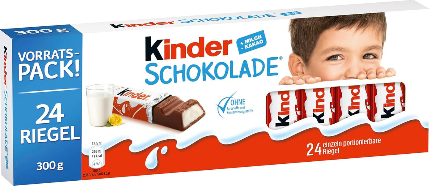 Kinder Chocolate - Fyllda mjölkchokladkakor - 1 förpackning innehållande 24 individuella barer (24 x 12,5g).