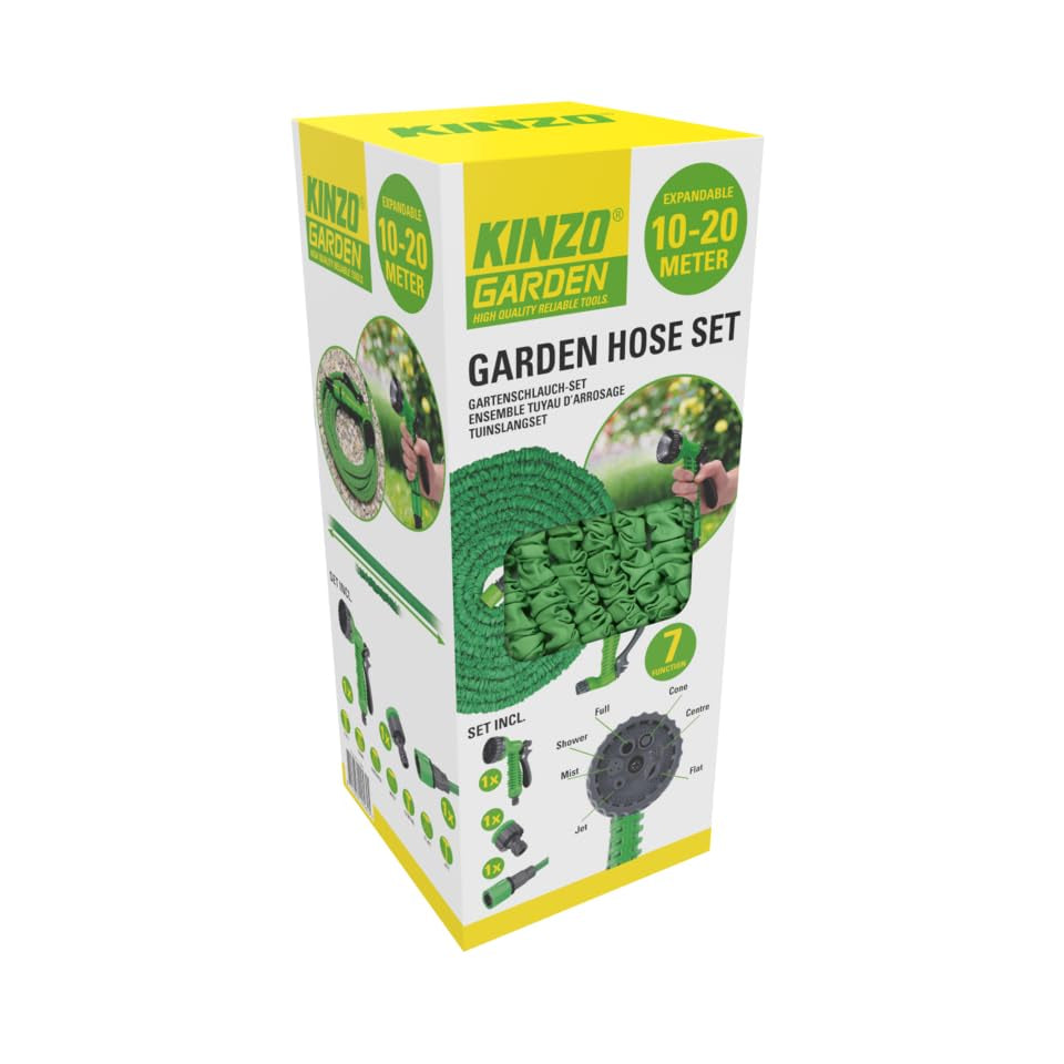 Kinzo Flexibel Trädgårdsslang 20 m - inkl. Slangtillbehör - Flexibel slang med spruthuvud med 7 sprutlägen - Plast - Grön/Grå