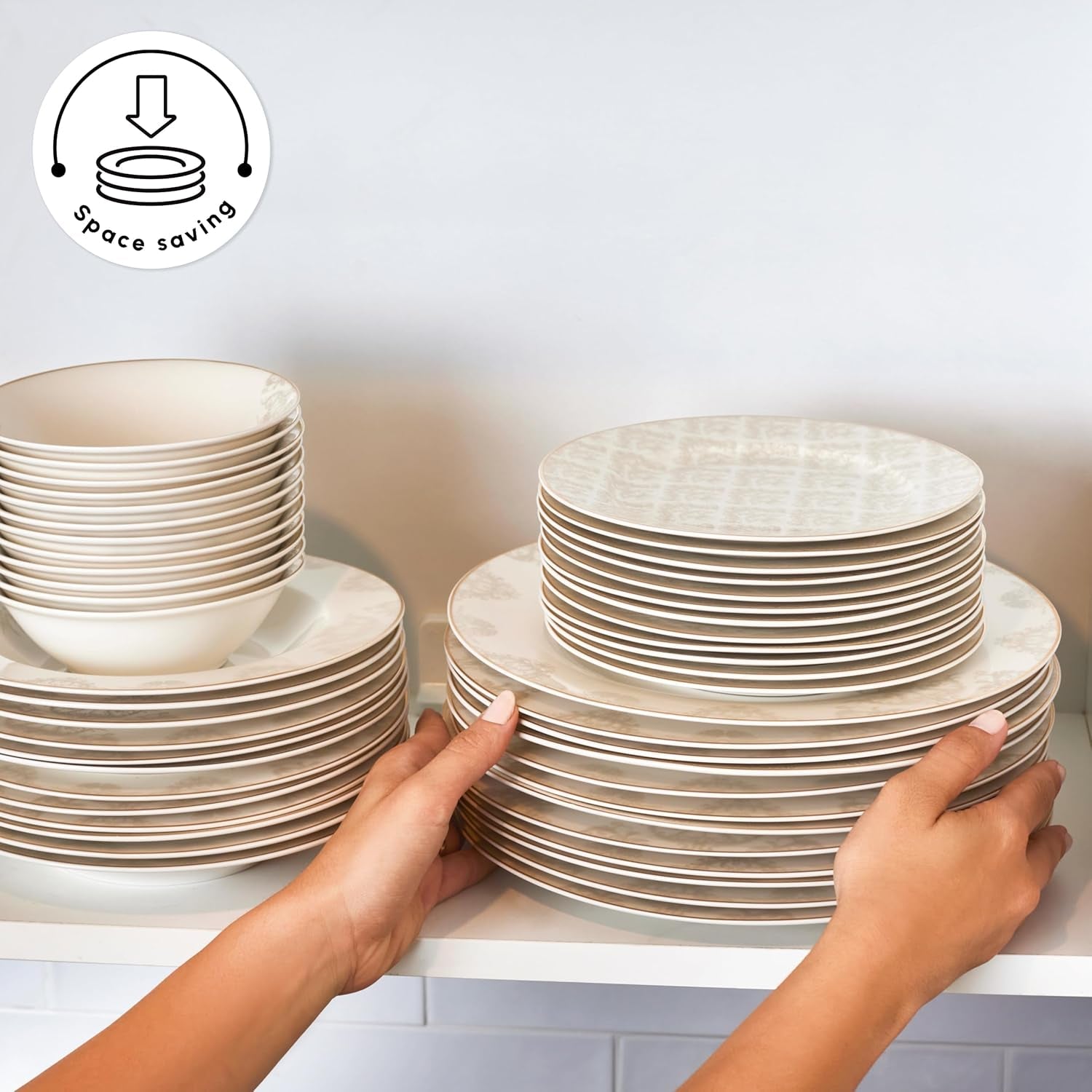 Karaca Elegance Bone Siena servisset för 12, modernt porslinsset, servisset med soppskålar, serveringsfat, djupa tallrikar, desserttallrikar - vitt och guld