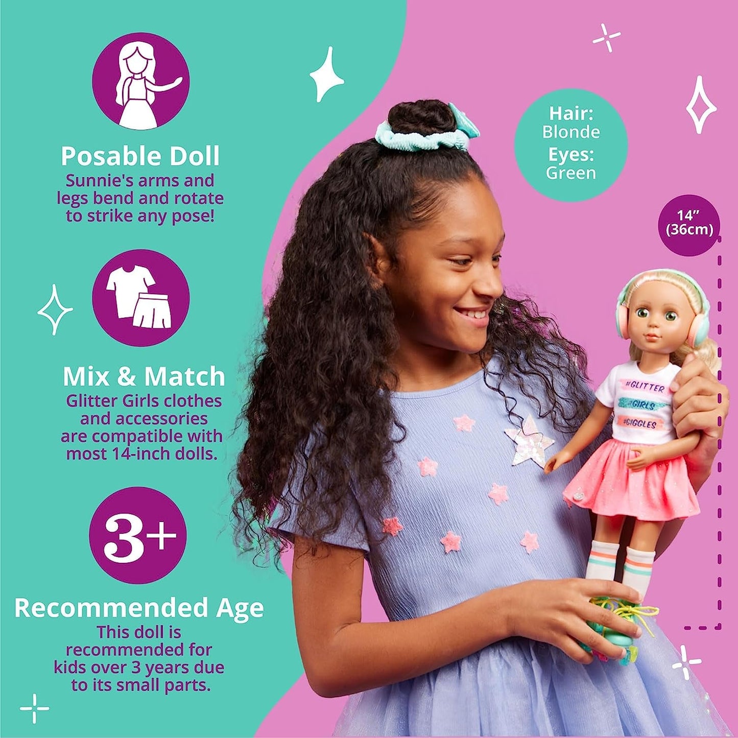 Glitter Girls - Sunnie Dolls - Sunnie Articulated Doll 36cm - Blont hår och gröna ögon - Leksak för 3 år och uppåt