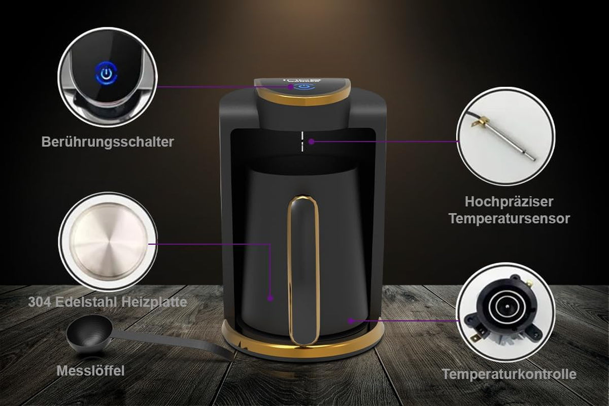 Turkiskt kafé Inca | Türk Kahve Maskiner | 250 ml (1-4 koppar) | 400W | IKM-01 | Skydd mot spill och kokning utan vatten | Värmeplatta i rostfritt stål | Automatisk avstängning | För ett perfekt turkiskt kaffe