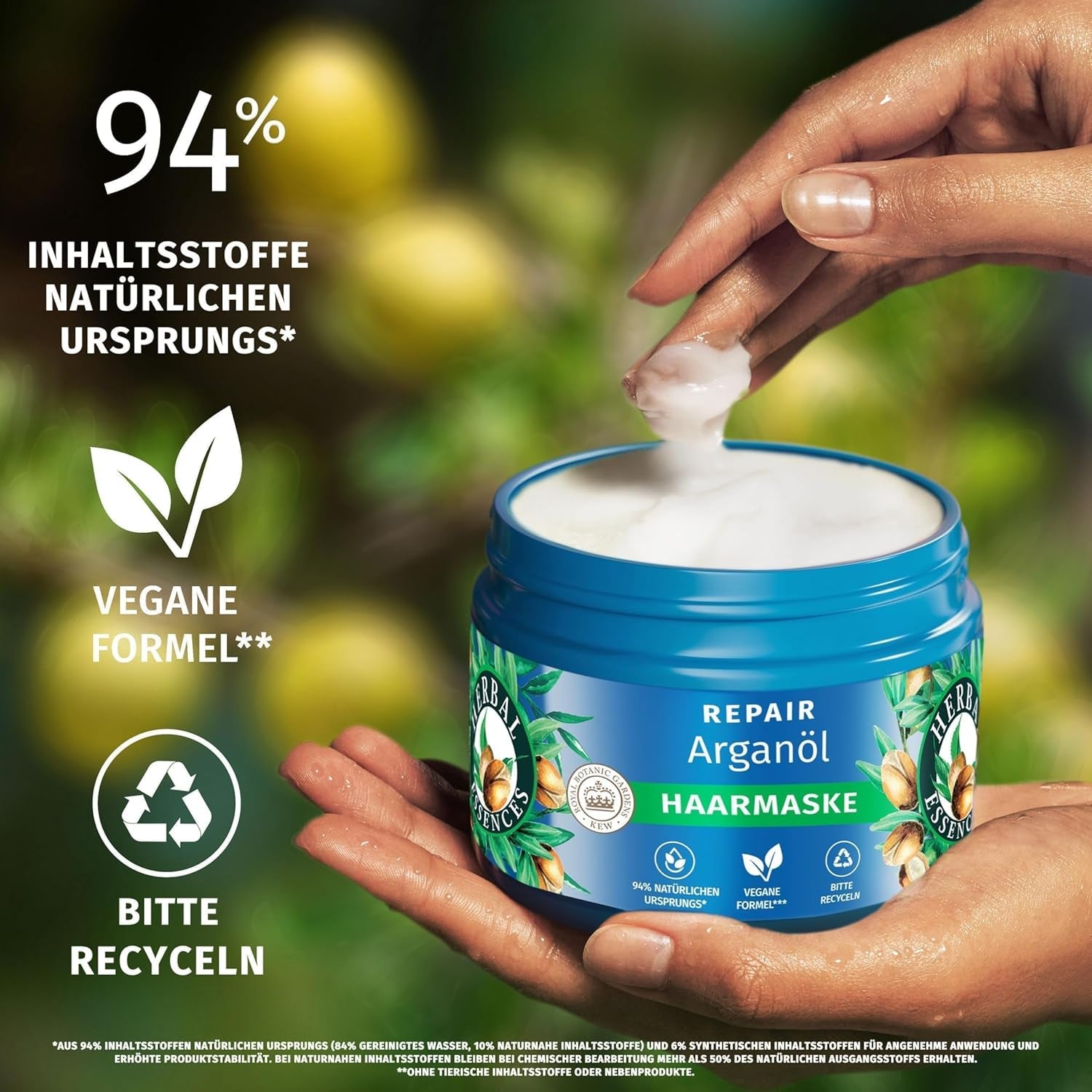 Herbal Essences hårreparationsmask med arganolja 300ml. Från skadat hår till slätare och glansigare hår. Intensivvård. Med ingredienser av naturligt ursprung. Vegan Naty Shop hårmask