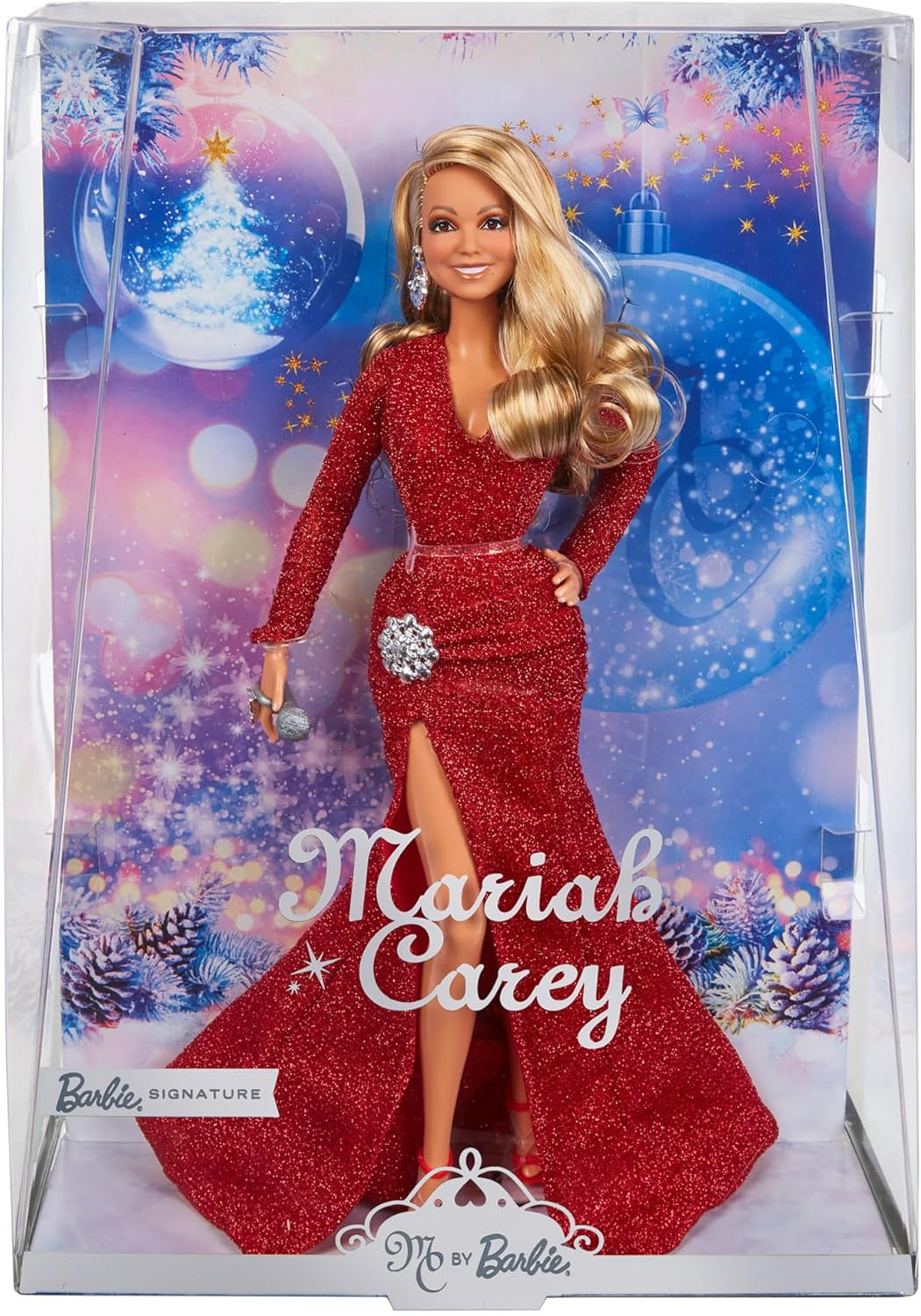 Barbie Mariah Carey - Samlardocka med gnistrande röd klänning, volanger, slits, charmiga lockar, silvertillbehör, röda höga klackar, jultradition, dekoration, HJX17