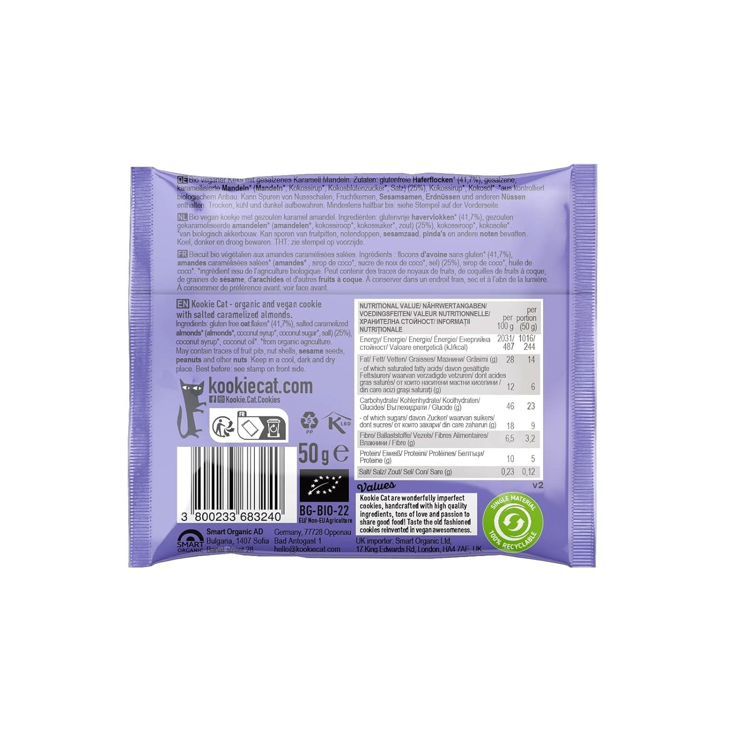 Veganska saltade karamellmandelkakor - individuellt förpackade glutenfria sojafria ekologiska mandelhavre - 12 x 50 g multipack (förpackning med 2)