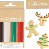 Scrapcooking - Set med 4 julchokladfärgade pennor - brun, vit, grön och röd - Ätlig färg - matfärg för att skriva - Skriv och rita på efterrätter, kakor och kakor - 7060