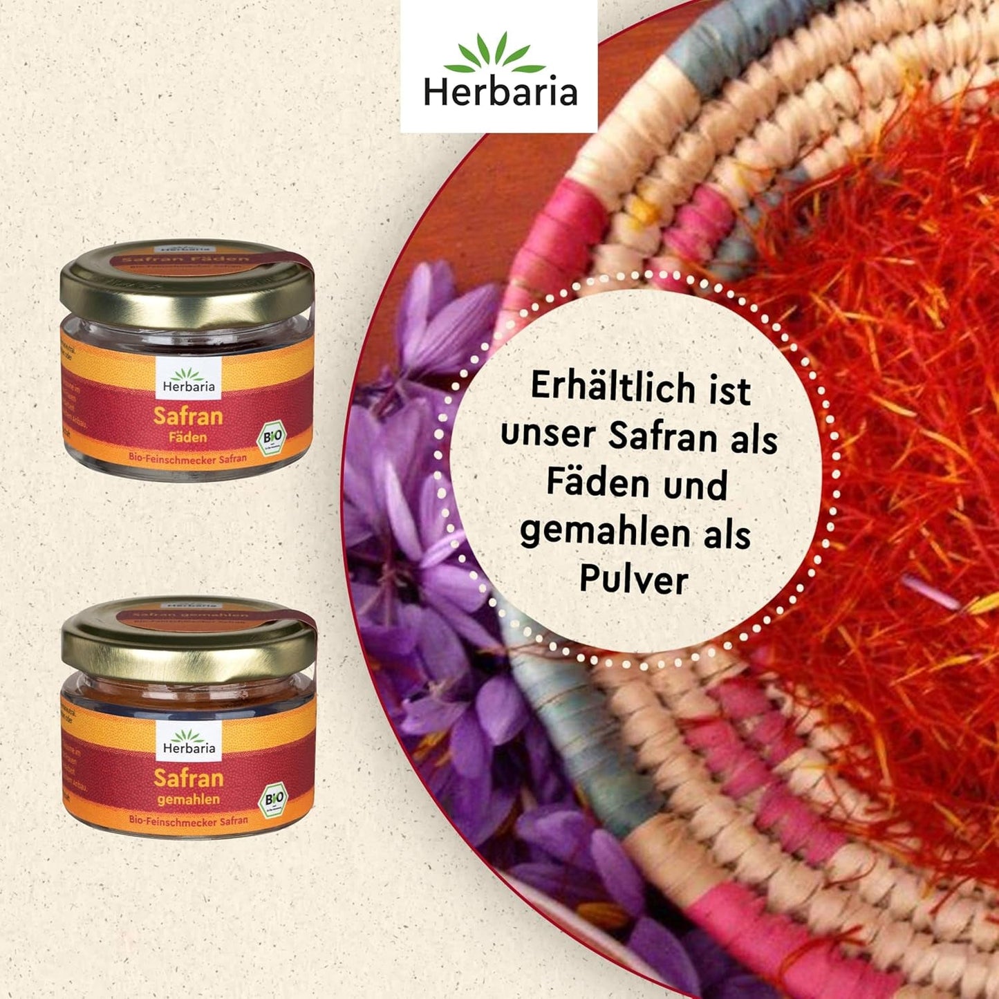 Herbaria Safran-Fäden bio 0,5g im Glas – Bio Saffron-Fäden aus dem bereicht Safran-Ort Taliouine i Marokko – Safranfäden in Premium Bio-Qualität – Saffron Premium - Safran première catégorie