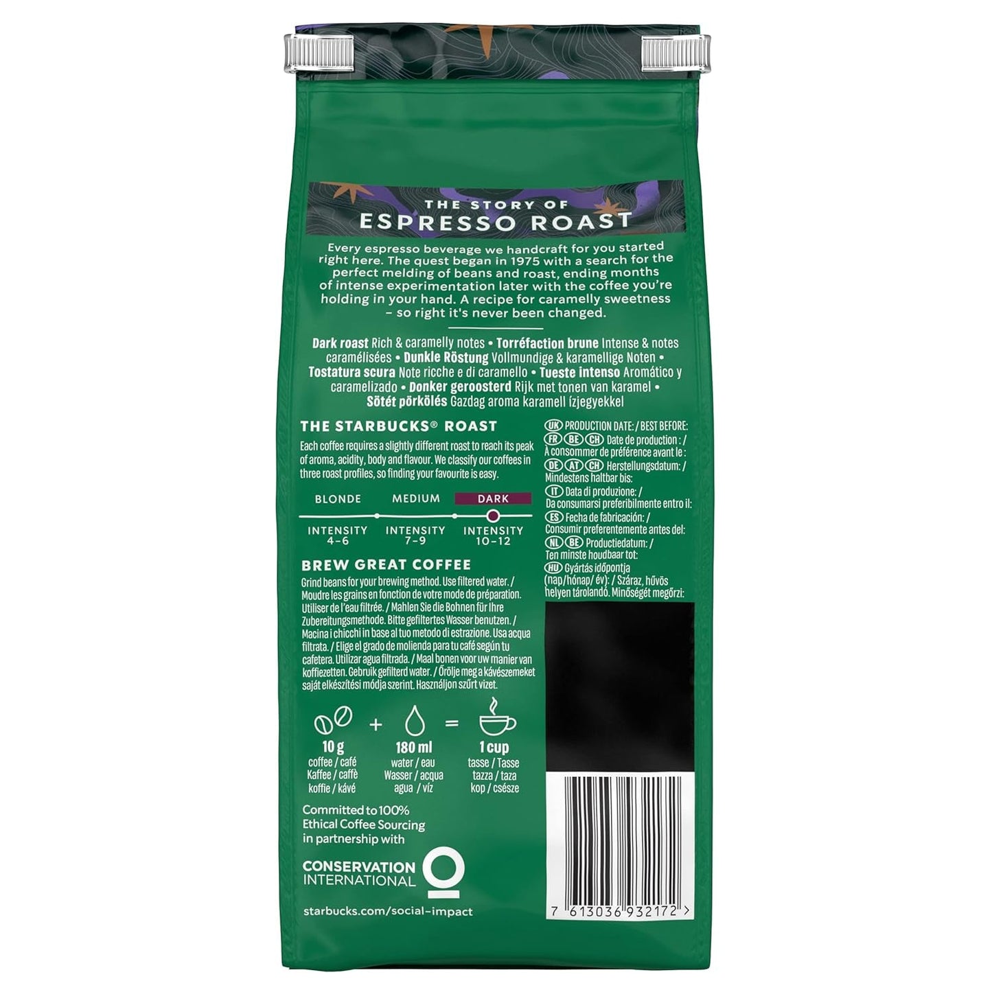 STARBUCKS Espresso Rost, Svart Rost, Hela Kaffebönor 200 g (Förpackning med 6)