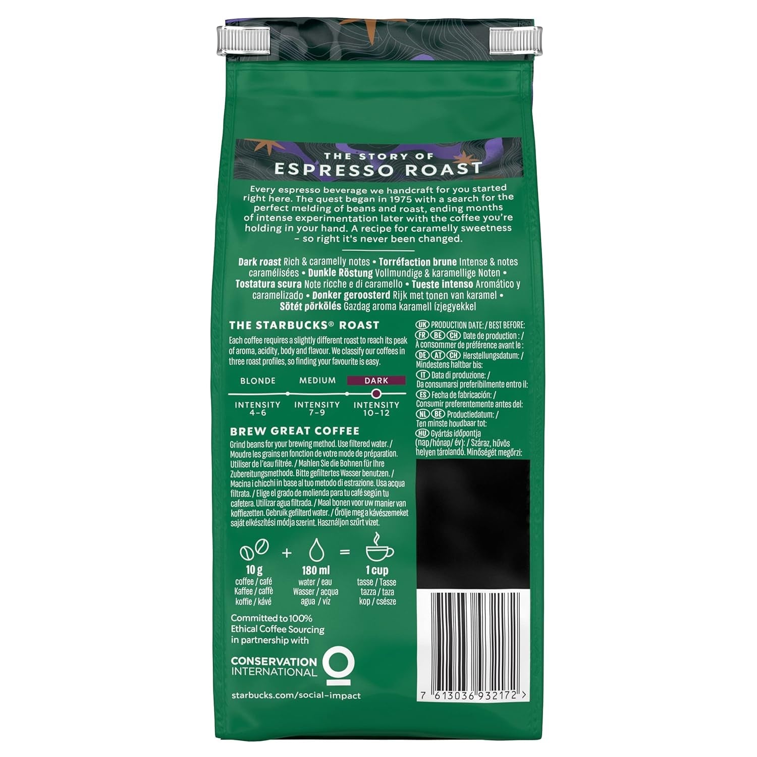 STARBUCKS Espresso Rost, Svart Rost, Hela Kaffebönor 200 g (Förpackning med 6)