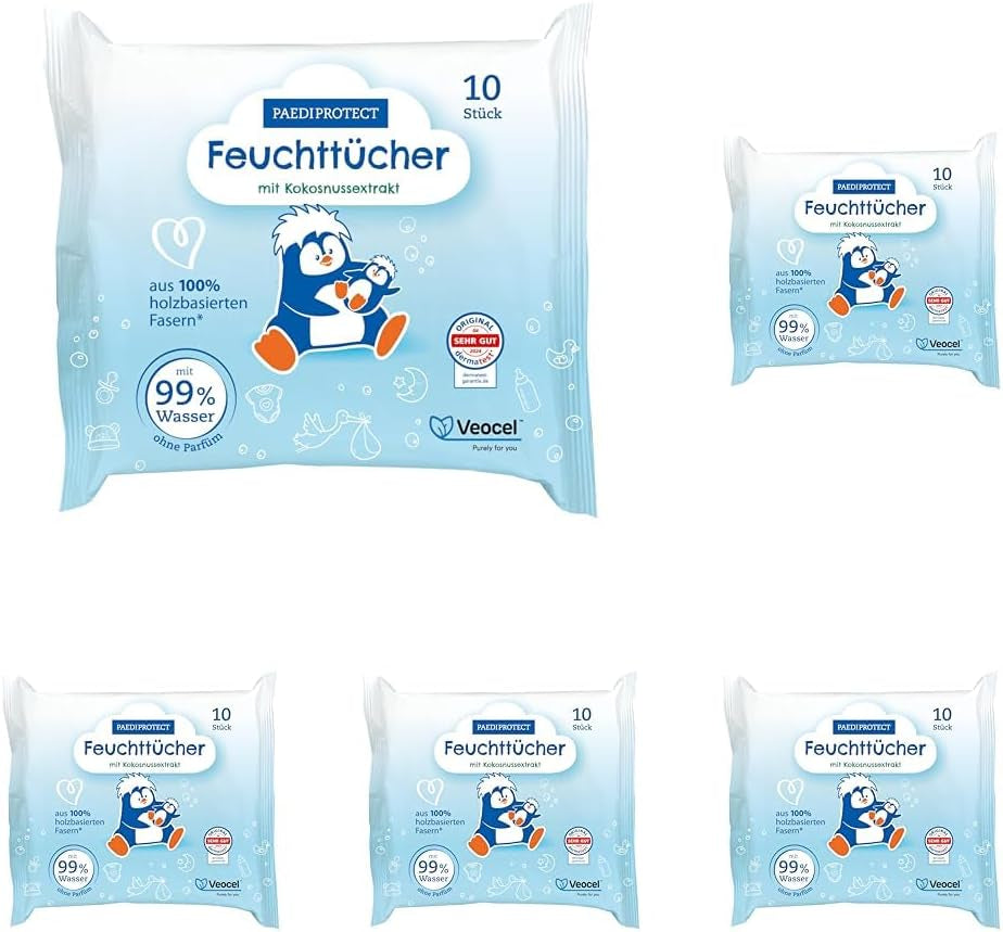 PAEDIPROTECT våtservetter för baby 1 x 10 st Känsliga våtservetter för babyvatten 99 % vattenparfymfri baby & barn ömtålig hud Kokosextrakt Mikroplastfri vegansk (5-pack)