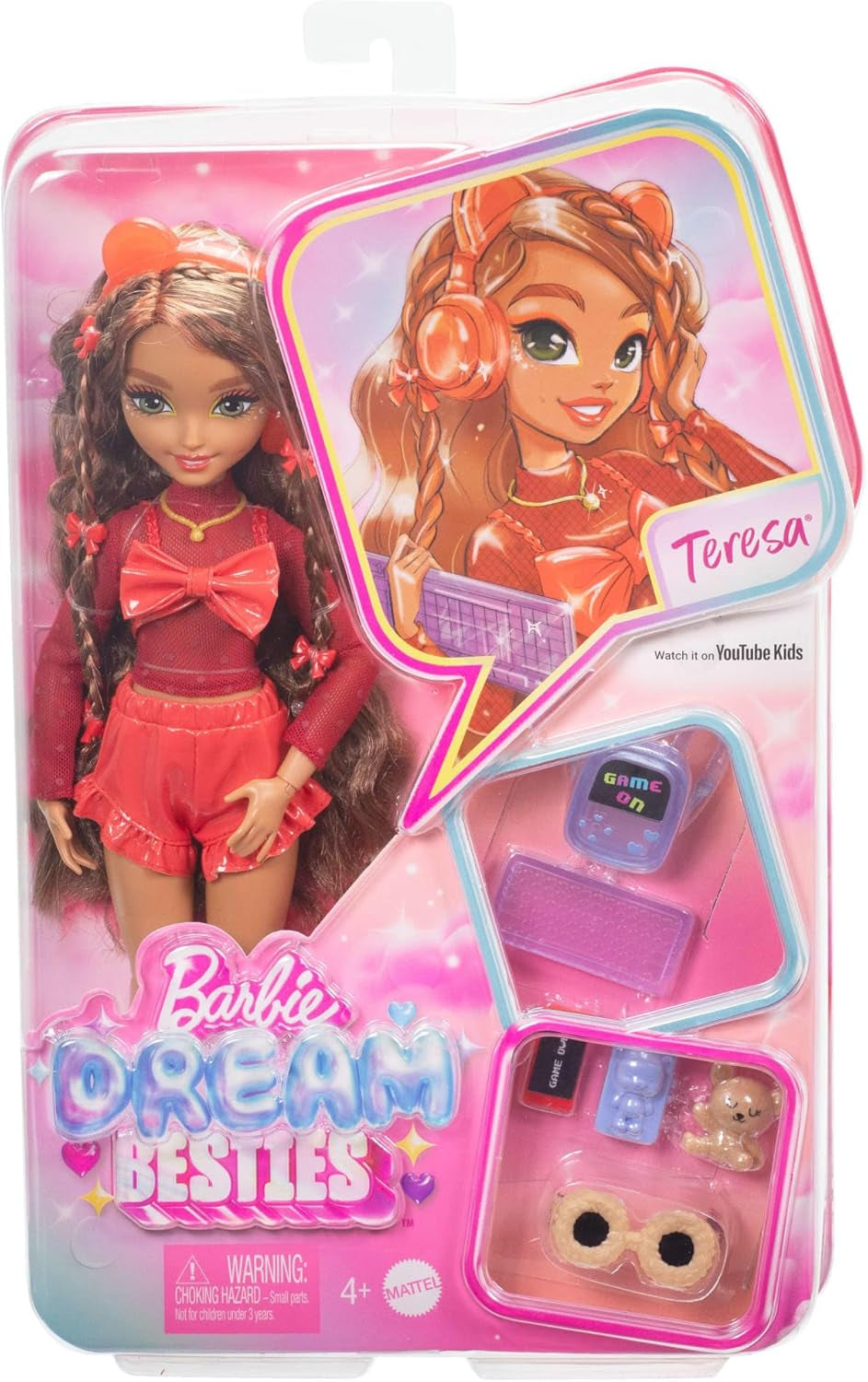 Barbie Dream Besties docka och tillbehör, rörlig Teresa modedocka med brunt hår och hårklämmor, 10 bitar videospelstema, HYC23 Naty Shop Dolls