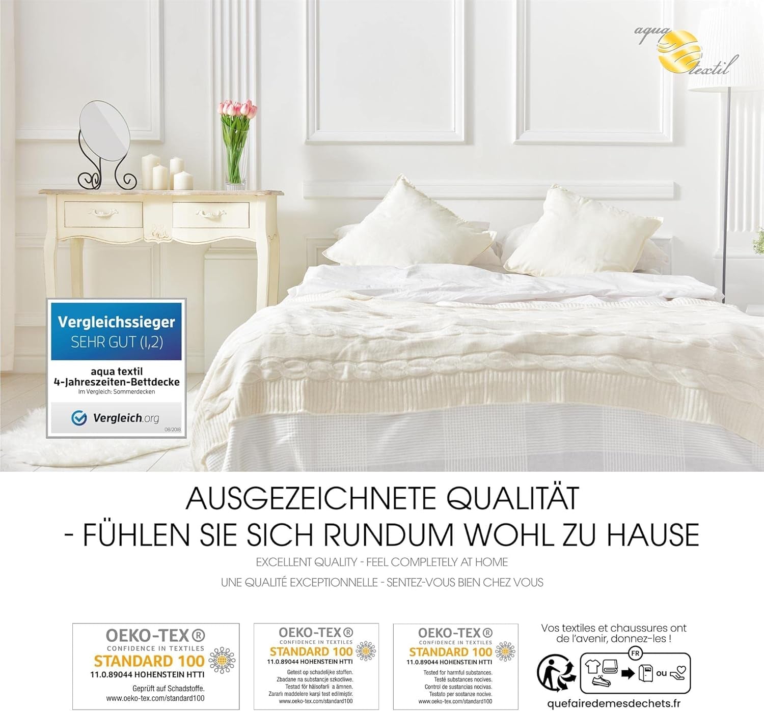 Aqua-Textil 4-säsong täcke 135X200Cm Filtar sammanknutna Vinter 800G Sommar 600G Klimatkontroll Oeko-Tex Täcken och täcken Naty Shop