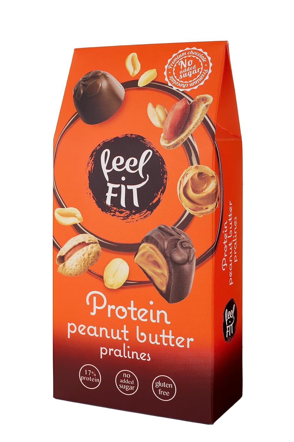 Feel FIT Jordnötssmörproteinpraliner i högkvalitativ mjölkchoklad, utan tillsatt socker, 17 % protein, glutenfri 66g (1 förpackning)