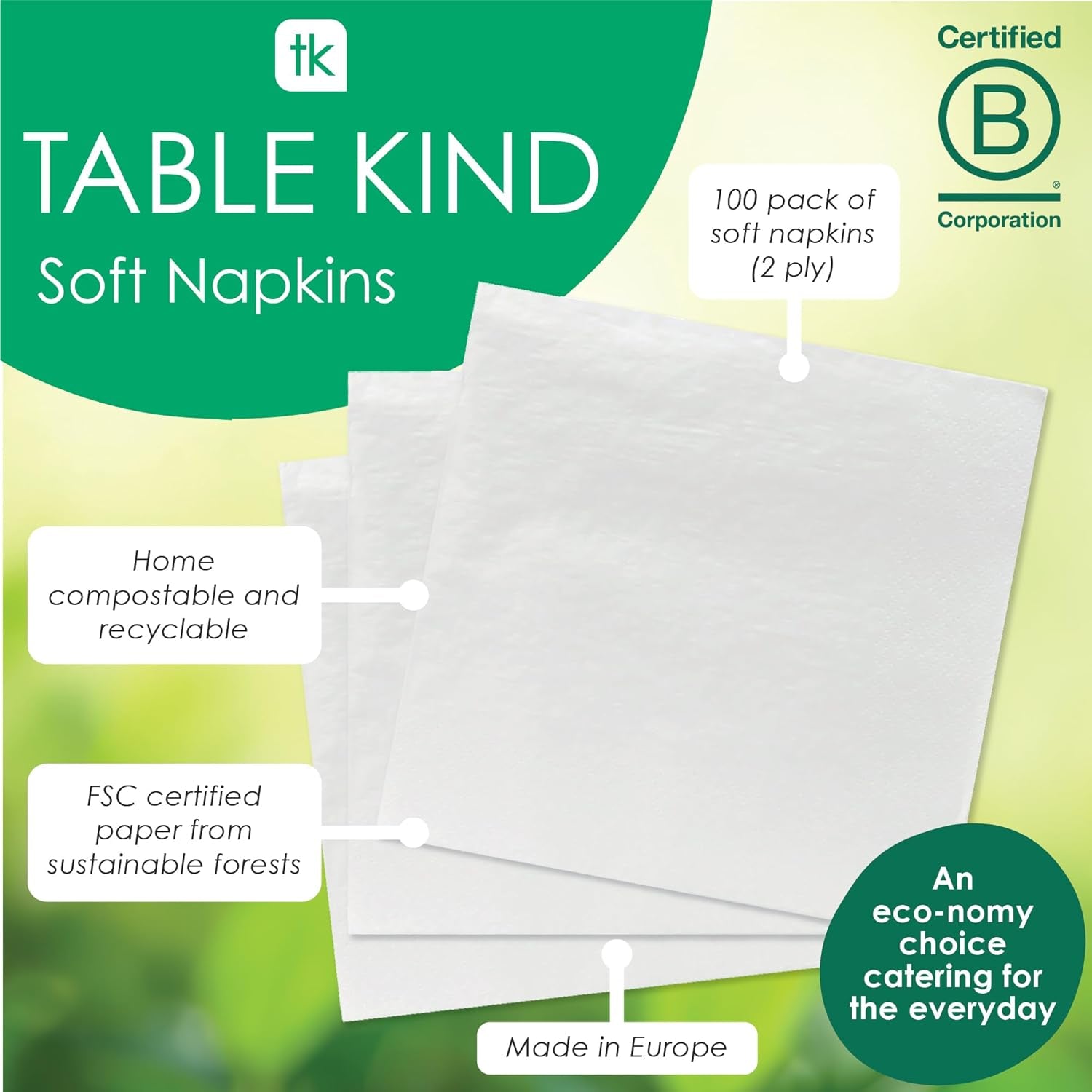 Table Kind 100 White Soft Napkins in Bulk, High Quality Napkins for Party, Catering and Daily Use, FSC, Sustainable and Recyclable, Made in EU | 2Ply | 33 cm