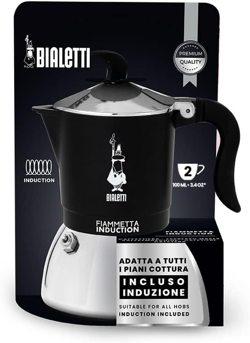Bialetti Fiammetta induktionskaffemaskin, 2 koppar (100 ml), lämplig för alla typer av hällar, elegant design, svart