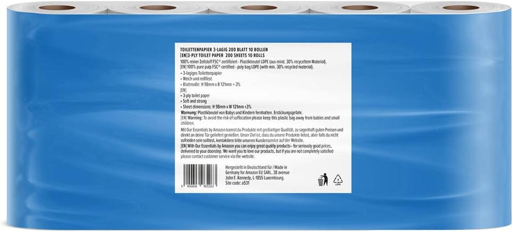 By Amazon Toalettpapper, 3 lager, 10 rullar (10 rullar, 1-pack) 200 ark per rulle, Fsc-certifierad