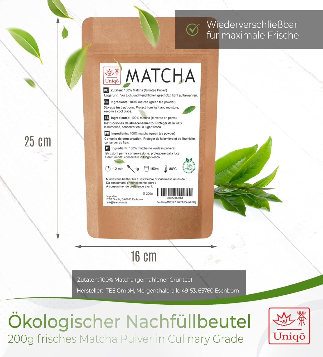 Uniqo Matcha tepulver 200 g i påfyllningsbar ekologisk förpackning