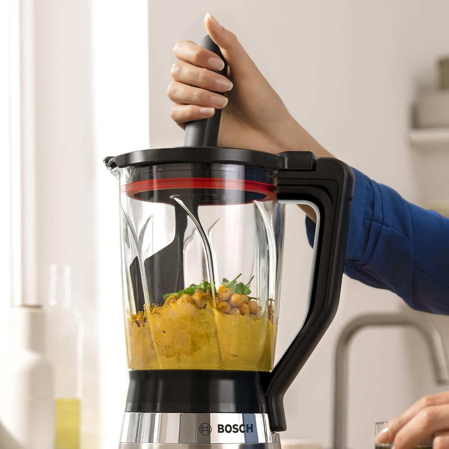 Bosch Standmixer Vitapower Serie 4 MMB6382M, Edelstahl-Klingen Tillverkad i Tyskland, 1,5L Thermosafe Glasbehälter, Stopfer, Sicherheitsdeckel, Spülmaschinengeeignete Teile, 30 000 U/Min, 1200 W, Edelstahl Kitchen Naty Shop