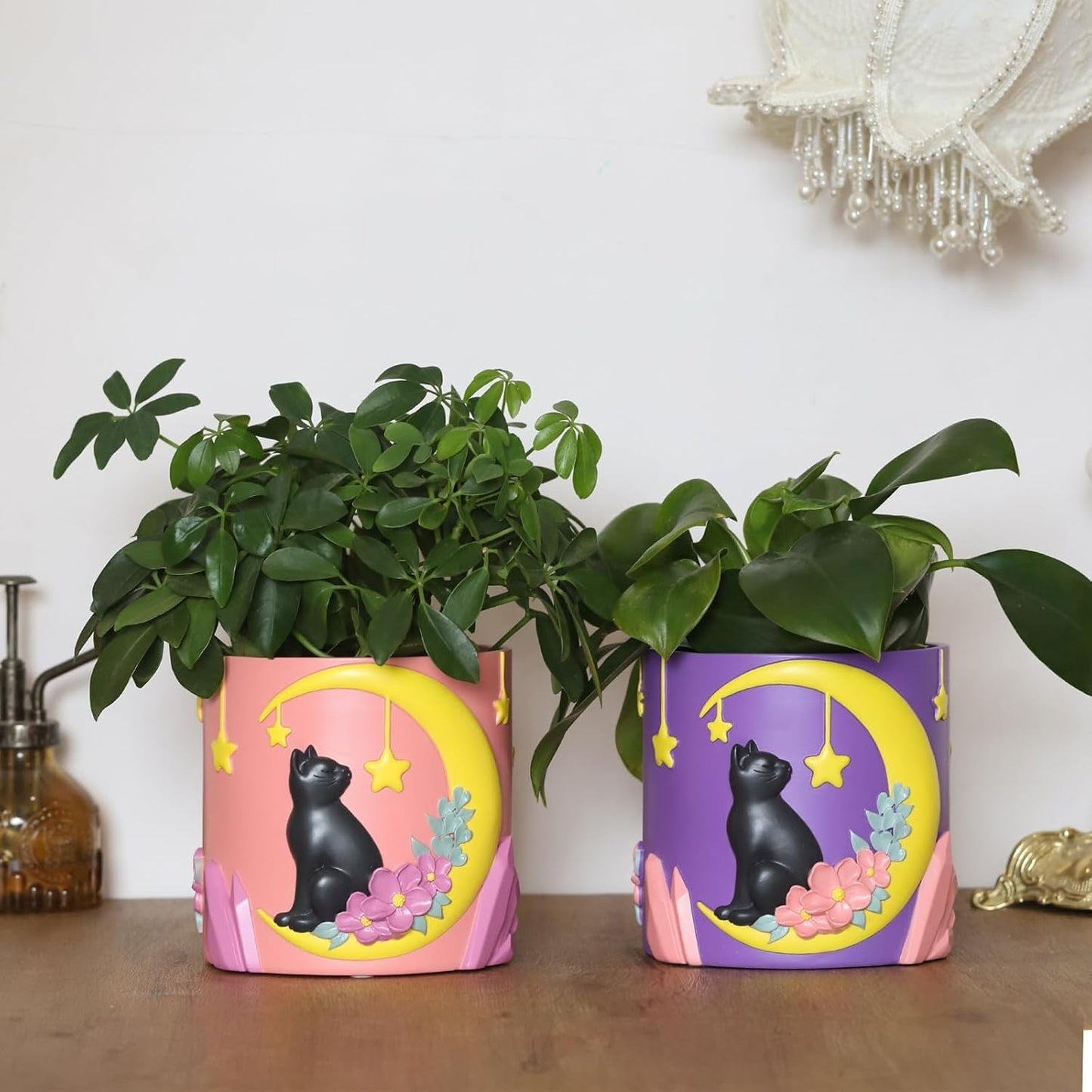 GUGUGO söta månkattblomkrukor, unik blomkruka med dränering, regnbågsfärger, små krukväxtkrukor, roliga saftiga trädgårdskrukor, present, heminredning (C)