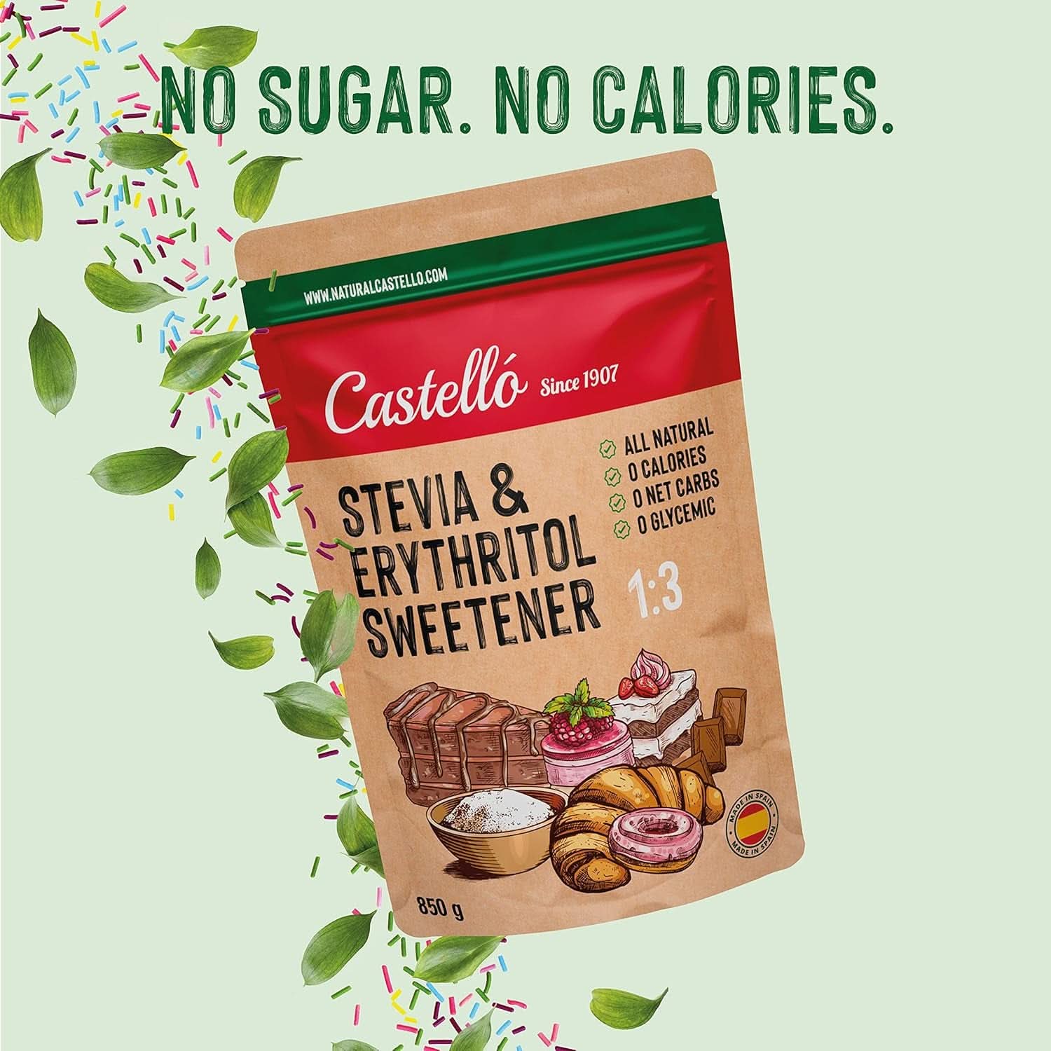 Stevia + Erythritol 1:3 Sötningsmedel, 1G = 3G Socker, 850 gram Sötningsmedel Naty Shop