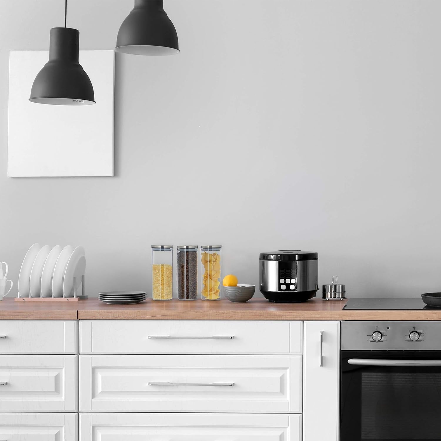 Relaxdays förvaringsburk Set om 3, förseglat lock i rostfritt stål, för pasta, müsli och ris, 1,5 liter köksbehållare, transparent silver, 24 x 9,5 x 9,5 cm, transparent silver Matförvaringslådor Naty Shop