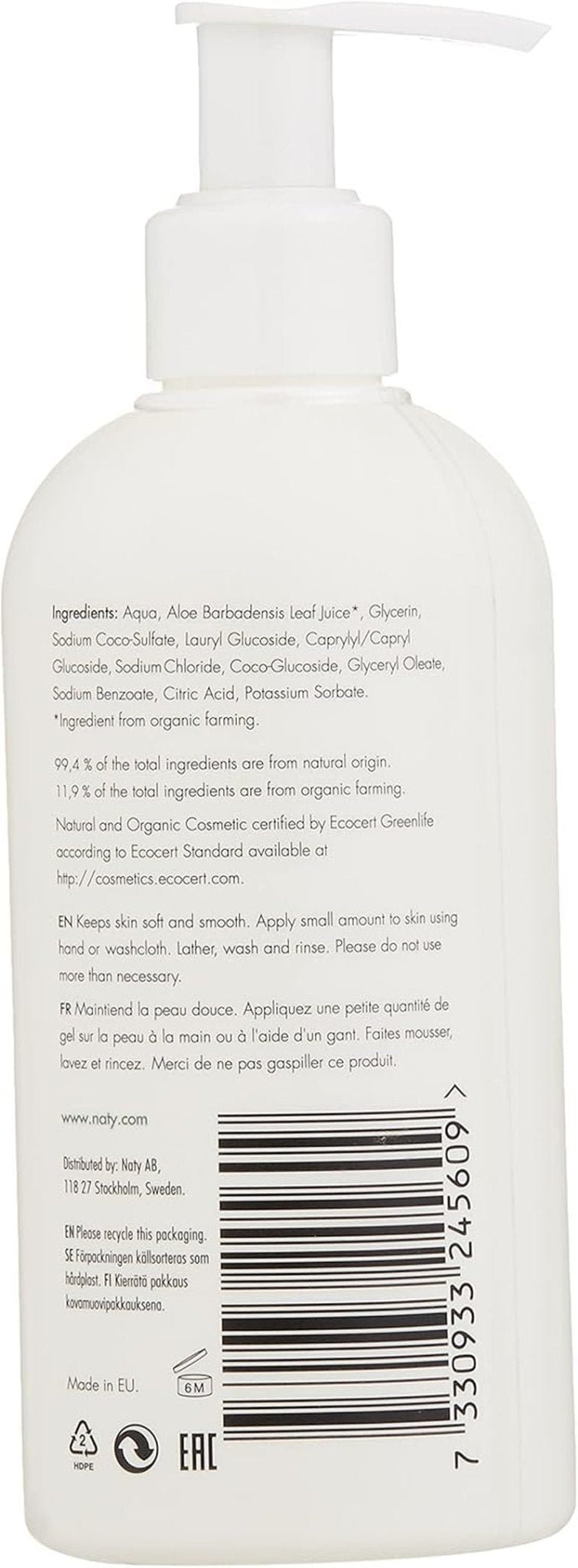 Eco by Naty, duschgel för barn, ekologiska växtbaserade ingredienser med 0% doft, hypoallergen och dermatologiskt testad, 200 ml flaska Barn - Bad och hudvård Naty Shop