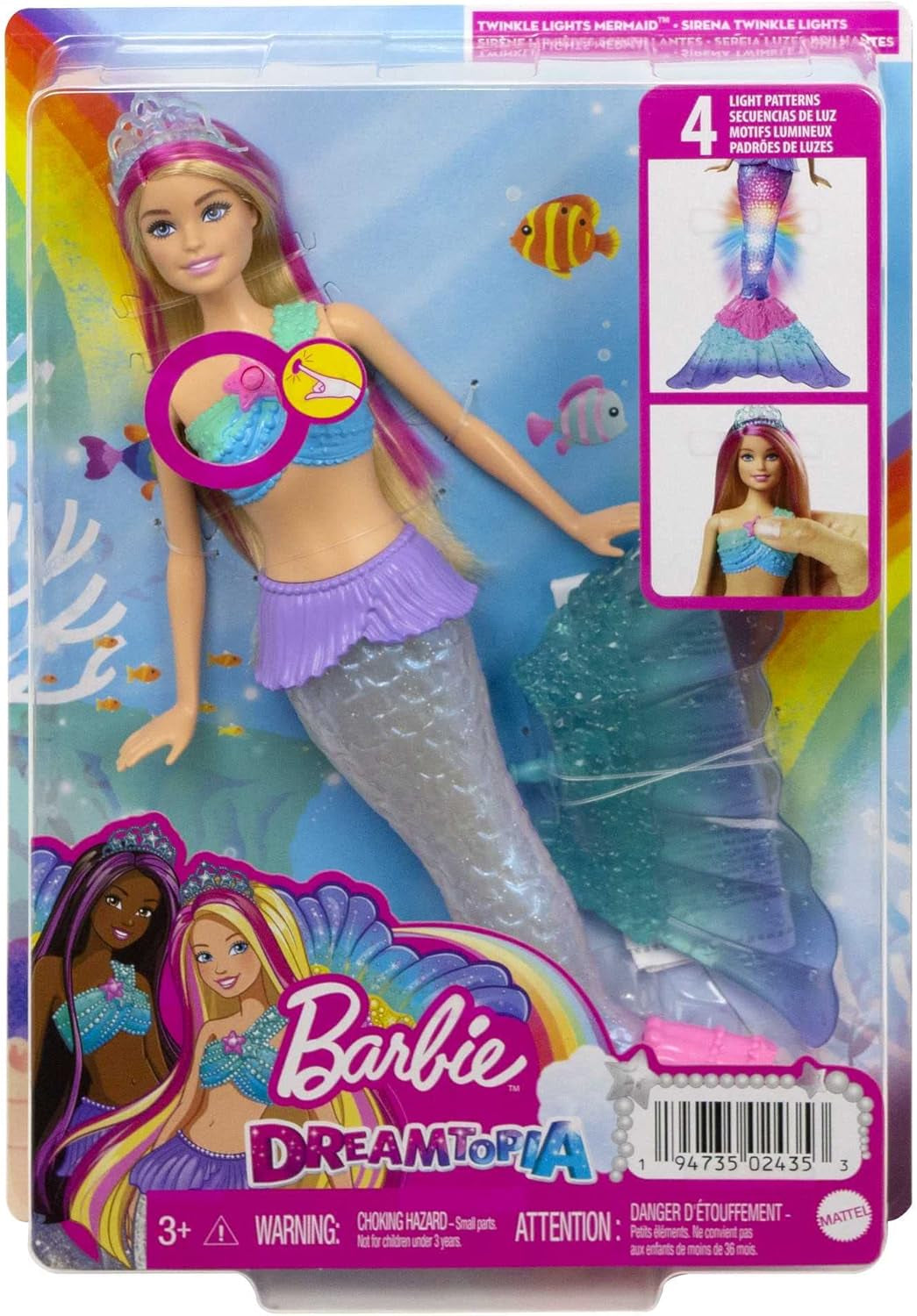 Barbie Dreamtopia Magic Light sjöjungfrudocka med blont hår, Barbiedocka med sjöjungfrusvans, lämplig som present till barn från 3 år och uppåt, HDJ36