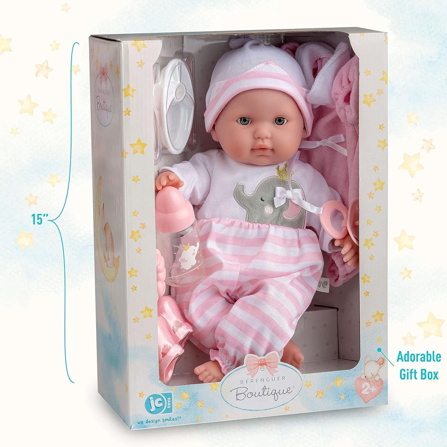 JC Toys - Berenguer Boutique 38 cm mjuk, verklighetstrogen docka med öppen/sluten mun, presentset i 10 delar, nappflaska, skallra, napp och tillbehör, rosa, 2+