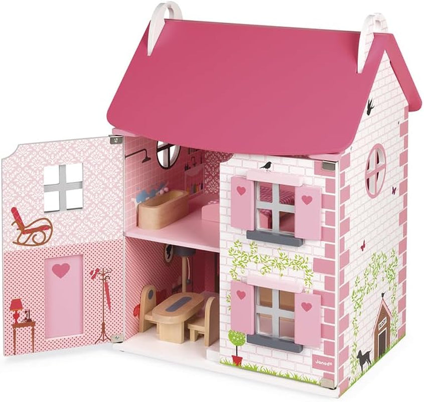Janod - Mademoiselle Wooden Dollhouse, 3 våningar och 11 tillbehör, replikleksak, utvecklar fantasin, åldrar 3+, J06581, Pink Naty Shop Dollhouses