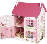 Janod - Mademoiselle Wooden Dollhouse, 3 våningar och 11 tillbehör, replikleksak, utvecklar fantasin, åldrar 3+, J06581, Pink Naty Shop Dollhouses