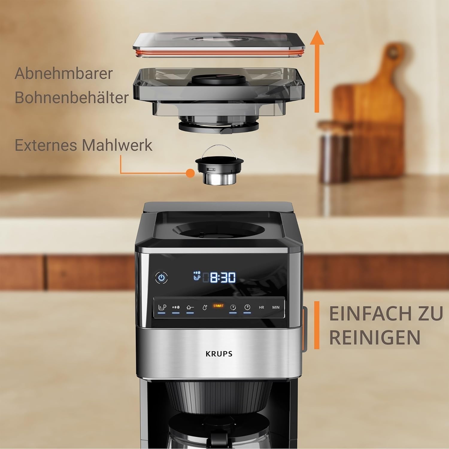 KRUPS Grind Aroma XL Espressobryggare, löstagbar konisk kvarn, Digital kontrollpanel, XL Kapacitet (1,5 L), Håll varm funktion, Glaskaraff, Svart/rostfritt stål, KM842810