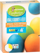 Heitmann Egg Dyes Bright Colors - 4 äggfärgningsflaskor (gul, orange, grön, blå), 2 färgförstärkare, 4 färgpåsar, 4 klämmor