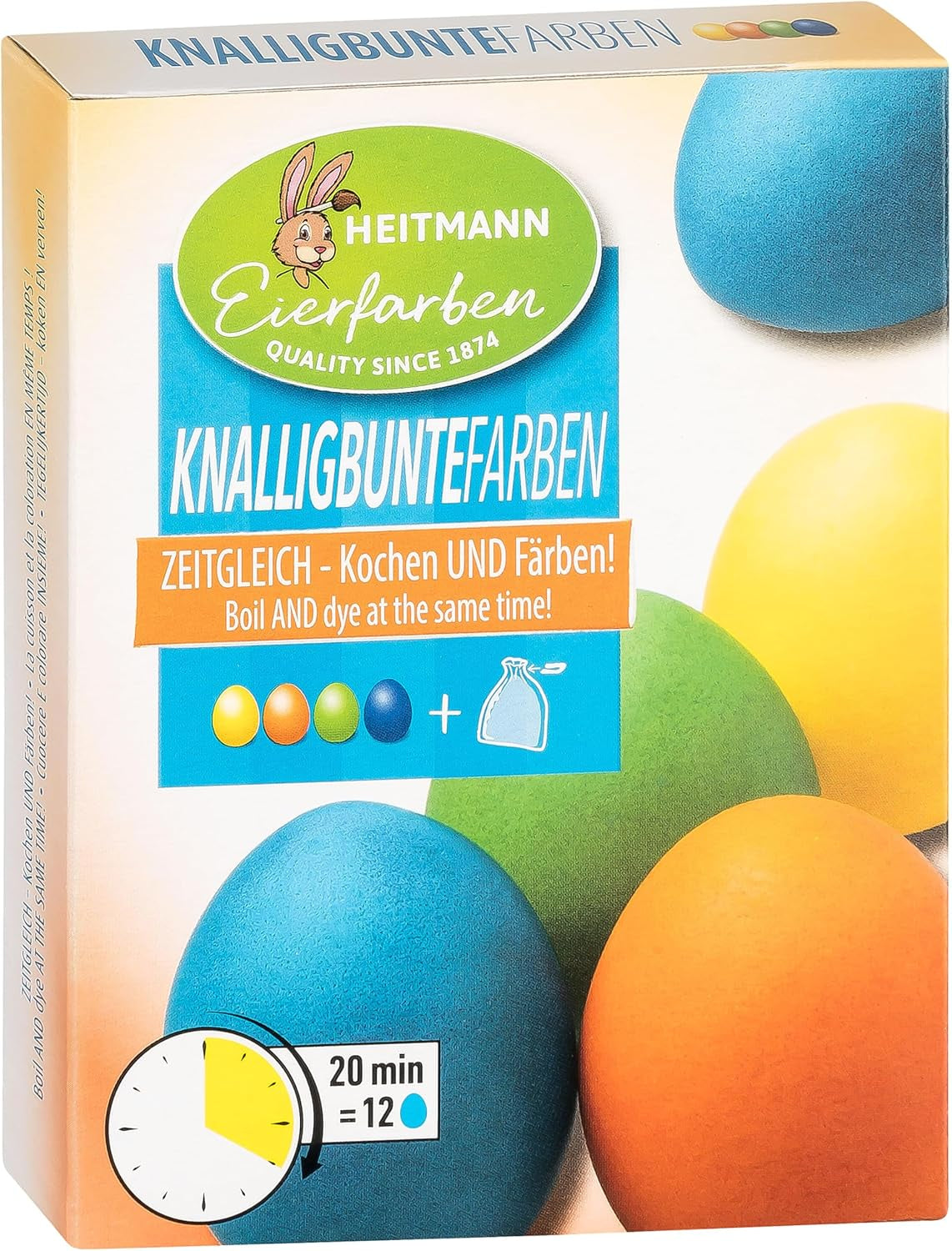 Heitmann Egg Dyes Bright Colors - 4 äggfärgningsflaskor (gul, orange, grön, blå), 2 färgförstärkare, 4 färgpåsar, 4 klämmor