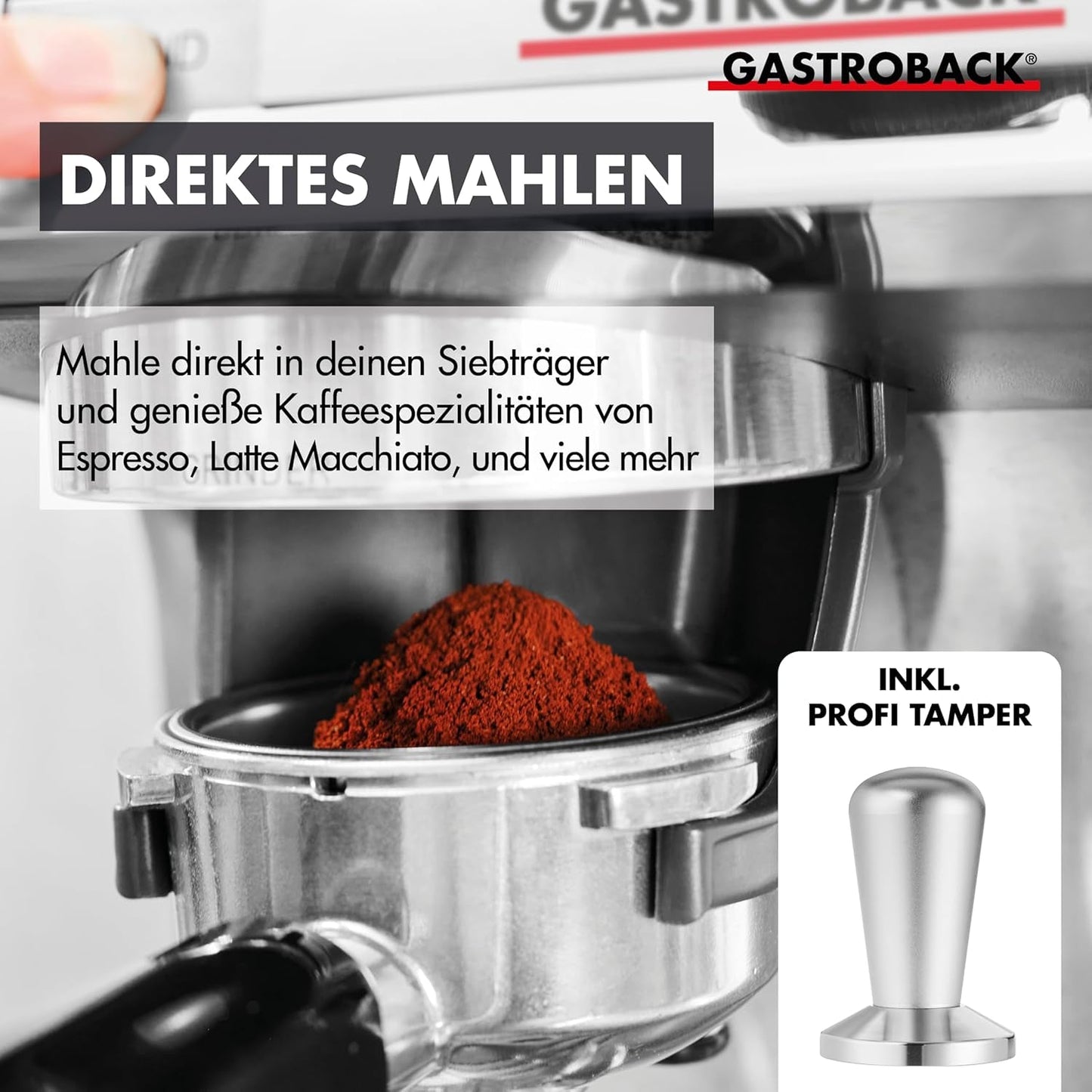 GASTROBACK espressomaskin med kvarn inklusive mjölkkanna, pressare och rostfritt stålportafilter - Barista espressomaskin med mjölkskummare - Espressomaskin med 30 malinställningar