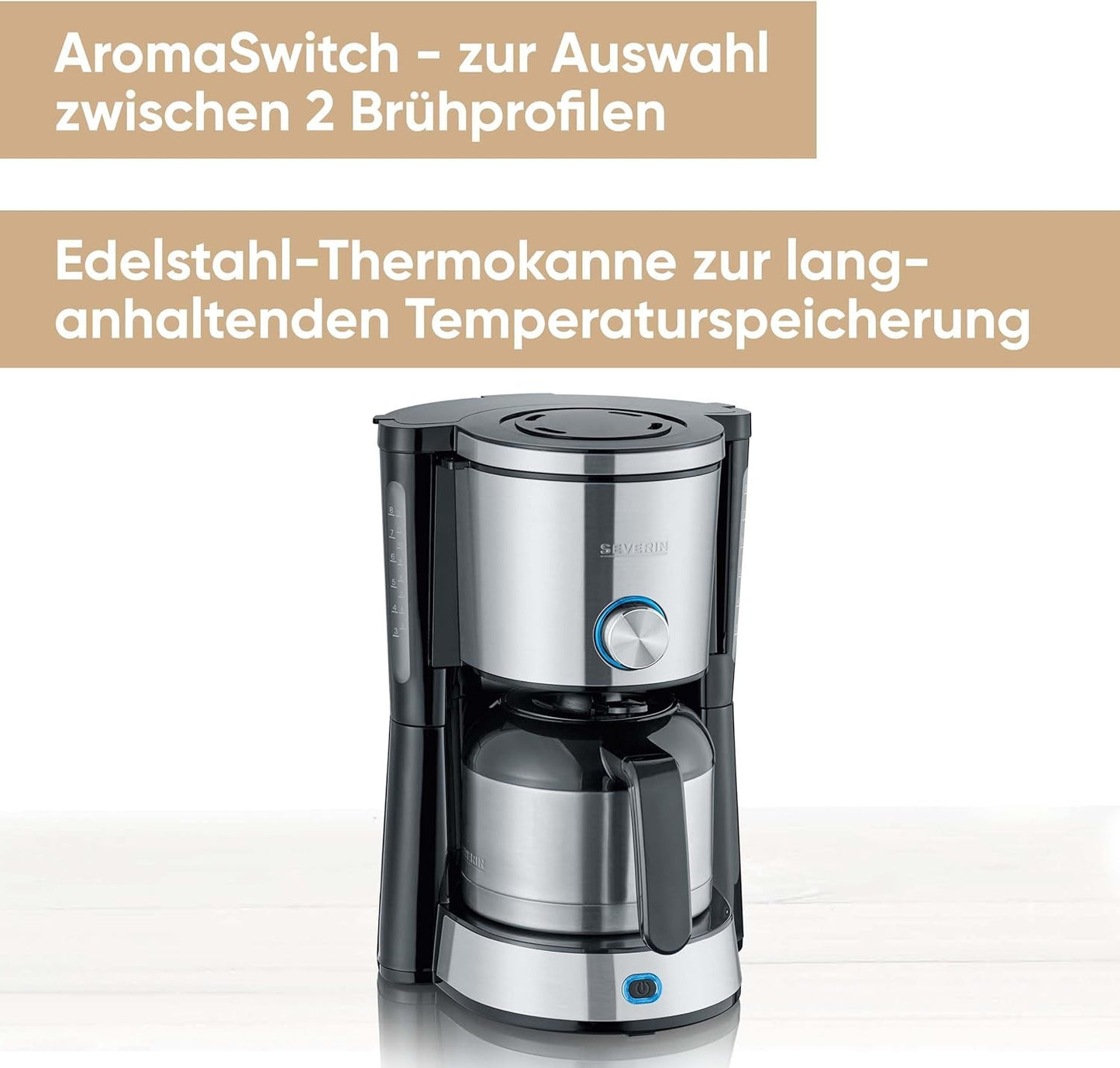 SEVERIN "TypeSwitch" espressomaskin med termokanna, AromaSwitch för att välja mellan 2 bryggprofiler, kaffemaskin för upp till 10 koppar, 1000W, borstat rostfritt stål-svart, KA 4845