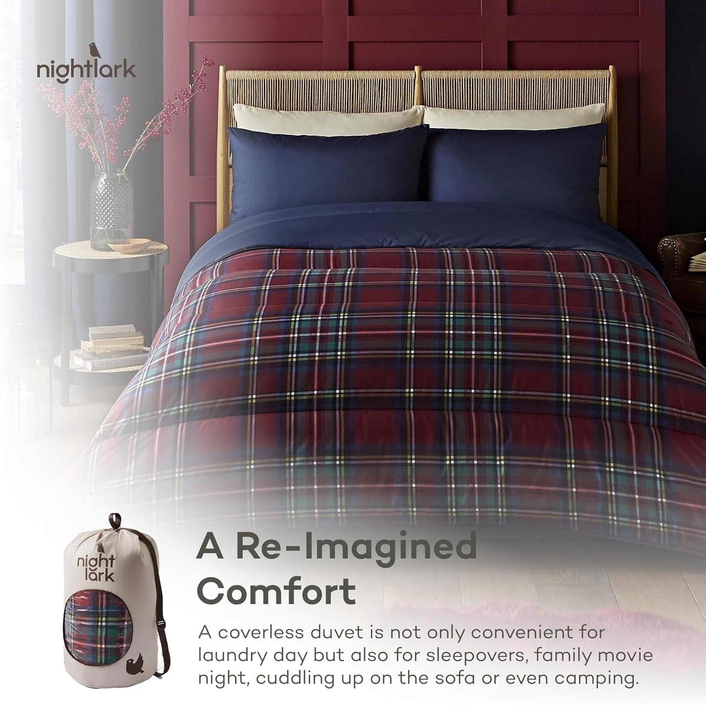 Night Lark påslakan och örngott set, 10,5 tom, enkel, klassisk röd tartan, lyxiga sängkläder, allergivänliga, maskintvättbara täcken och täcken Naty Shop