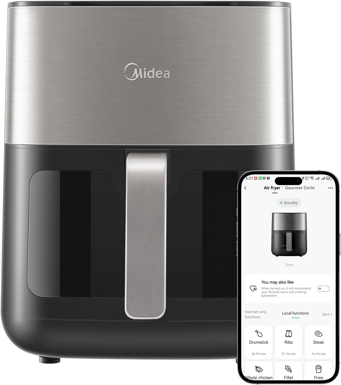 Midea Hot Air Fryer 2L, 1150W Airfryer, oljefri, Hot Air Fryer, Automatisk avstängningsfunktion Hushållsapparater Naty Shop 6L