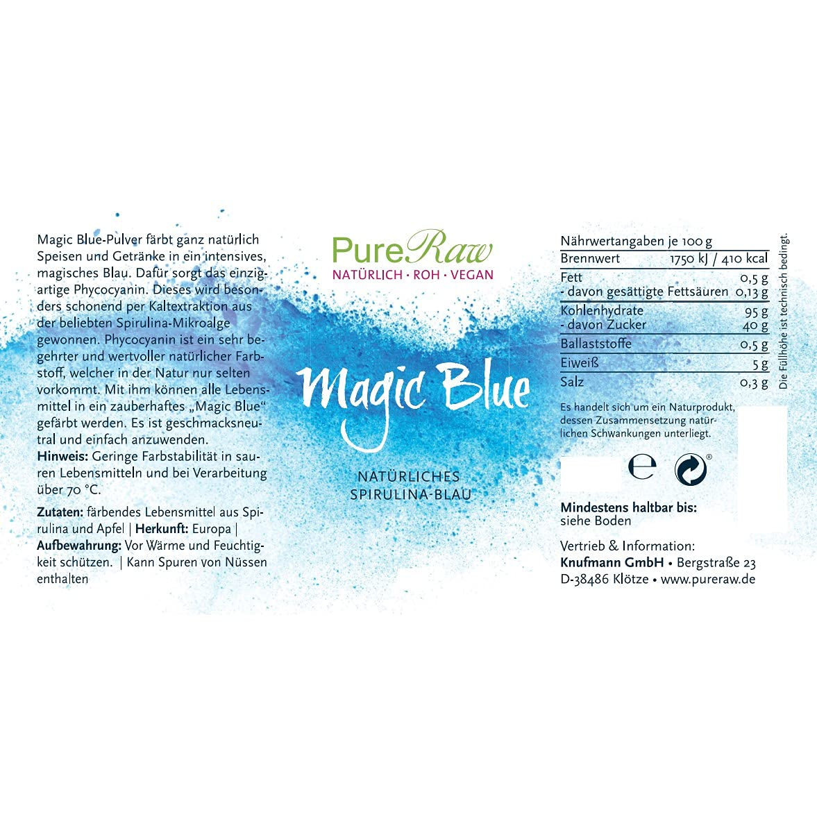 Magic Blue Spirulina Natural Food Color Pulver Blå (Raw Vegan) Mörkblå till Ljus Pastellblå - Phycocyanin Alger Pulver Matfärg - Naturlig matfärg | Pureraw 5G