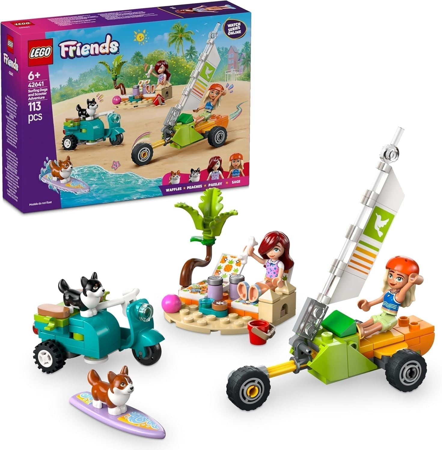 LEGO Friends strandäventyr med hundar, byggleksak för tjejer 6 år gamla, djurlekset med 2 minifigurer och 2 corgifigurer, present till kreativa barn, äventyrsbyggset med surfbräda 42641 Byggset Besuche den LEGO-Store Standardtitel