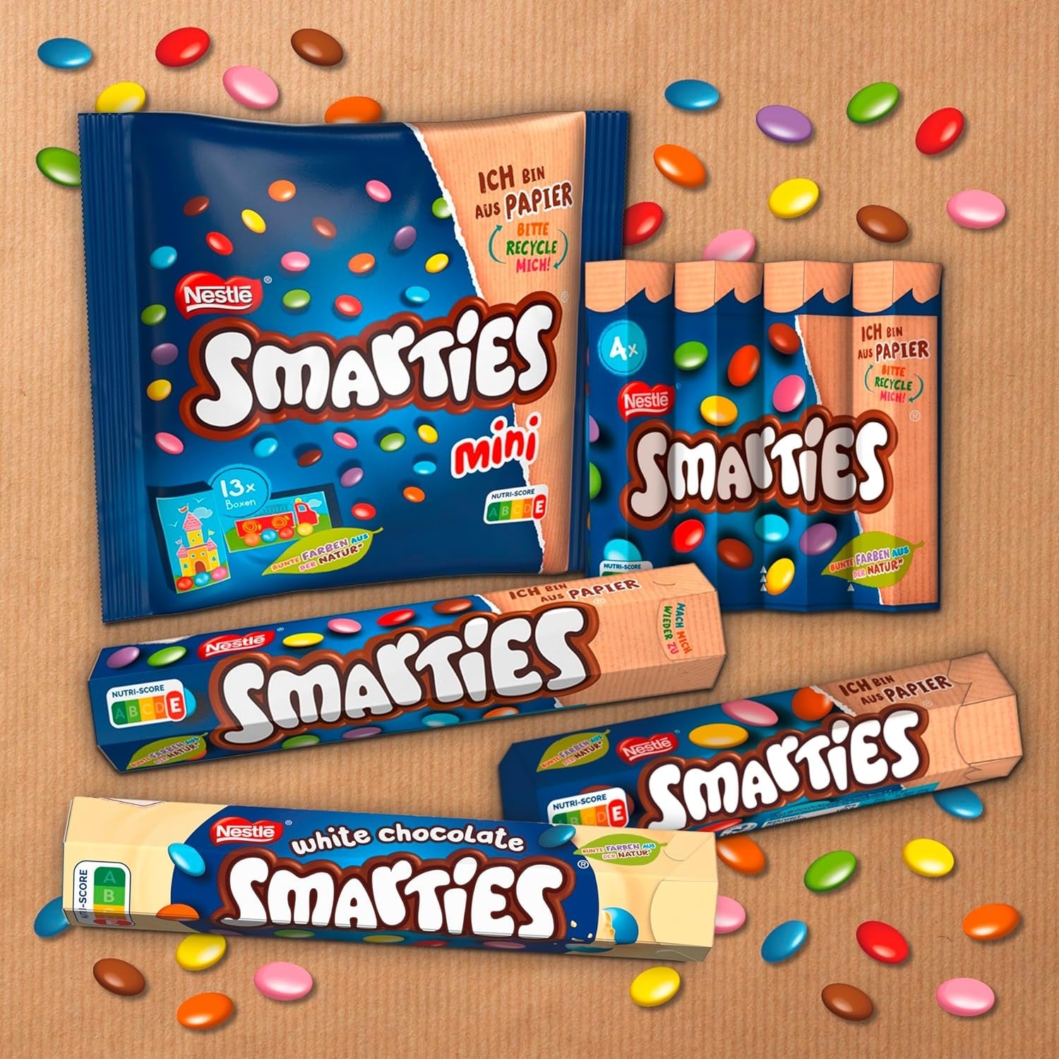 Nestlé SMARTIES Multipack, liten rulle, chokladfärgade linser, perfekt för barns födelsedagar, naturliga färger, sexkantig rulle, förpackning om 12 (12x (4 x 34g))