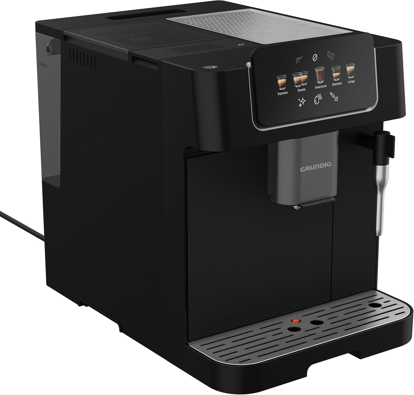 GRUNDIG KVA 6230 helautomatisk espressomaskin med mjölkskummare, rostfri kvarn med 13 malningsinställningar, bönbehållare 250 g, avtagbar vattentank 2 liter, pumptryck 19 bar, pekskärm, svart
