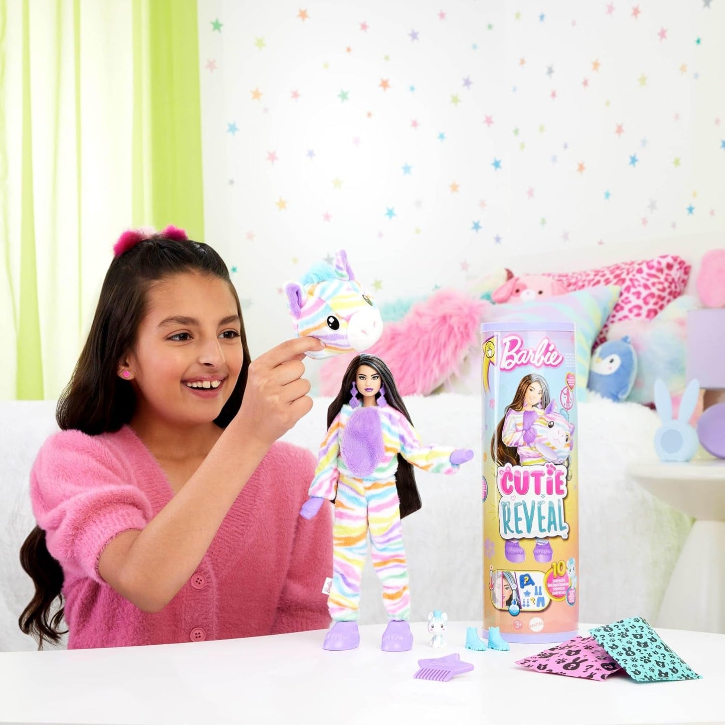 Barbie Cutie Reveal Doll and Accessories, Rainbow Zebra Plush Outfit och 10 färgskiftande överraskningar, Color Dream Range, HRK39