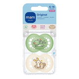 MAM originalnappar, 2-pack, tandvänliga nappar, gjorda av hållbara och bioregenererbara material, MAM SkinSoft silikonspettar, med napplåda, 6-16 månader, varg/kanin