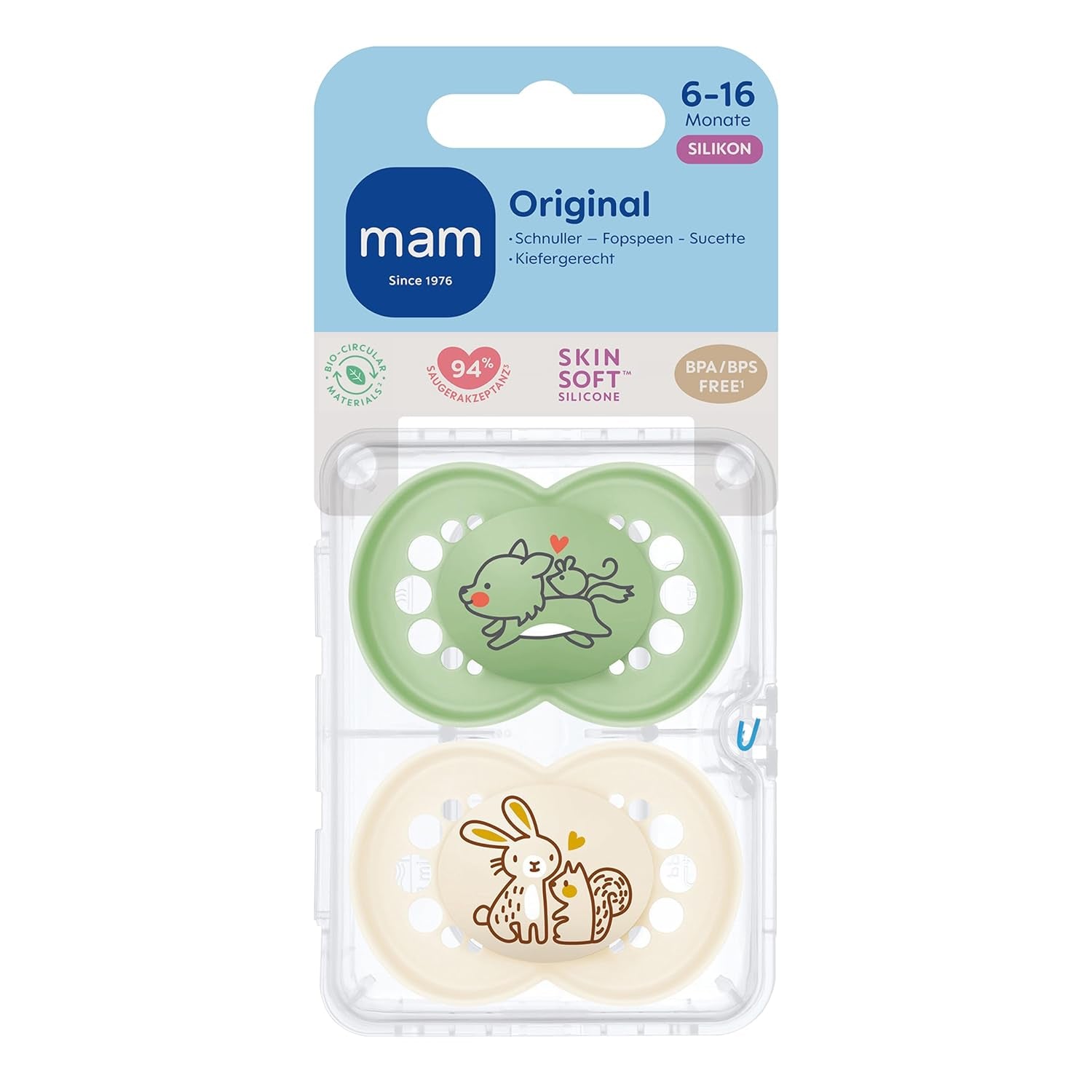 MAM originalnappar, 2-pack, tandvänliga nappar, gjorda av hållbara och bioregenererbara material, MAM SkinSoft silikonspettar, med napplåda, 6-16 månader, varg/kanin
