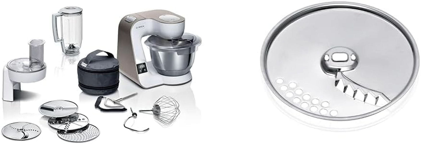 Bosch Series 4 MUM5X720 matberedare, integrerad våg, skål i rostfritt stål 3,9L, mixer 1,25L, 1000W Tillbehör Mat och Amning Bebe Naty Shop Skivpaket Champagne Vit 2 tillbehör