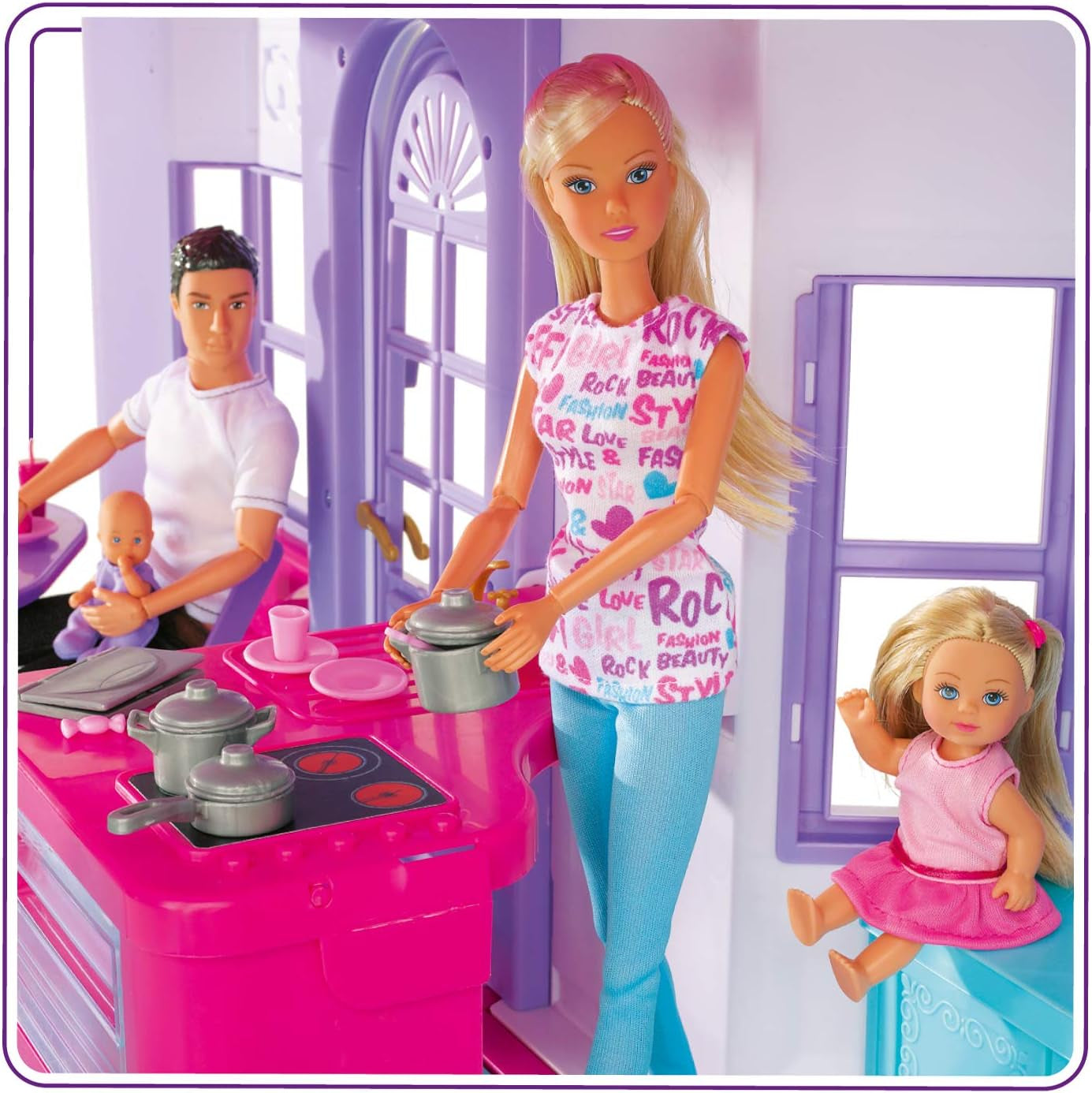 Simba 104661996 - Steffi Love Dreamhouse, stor lekstuga, 4 rum, INGEN DOCKOR, 84 cm hög, två våningar, funktionell klocka, hopfällbara dockskåp för Naty Shop