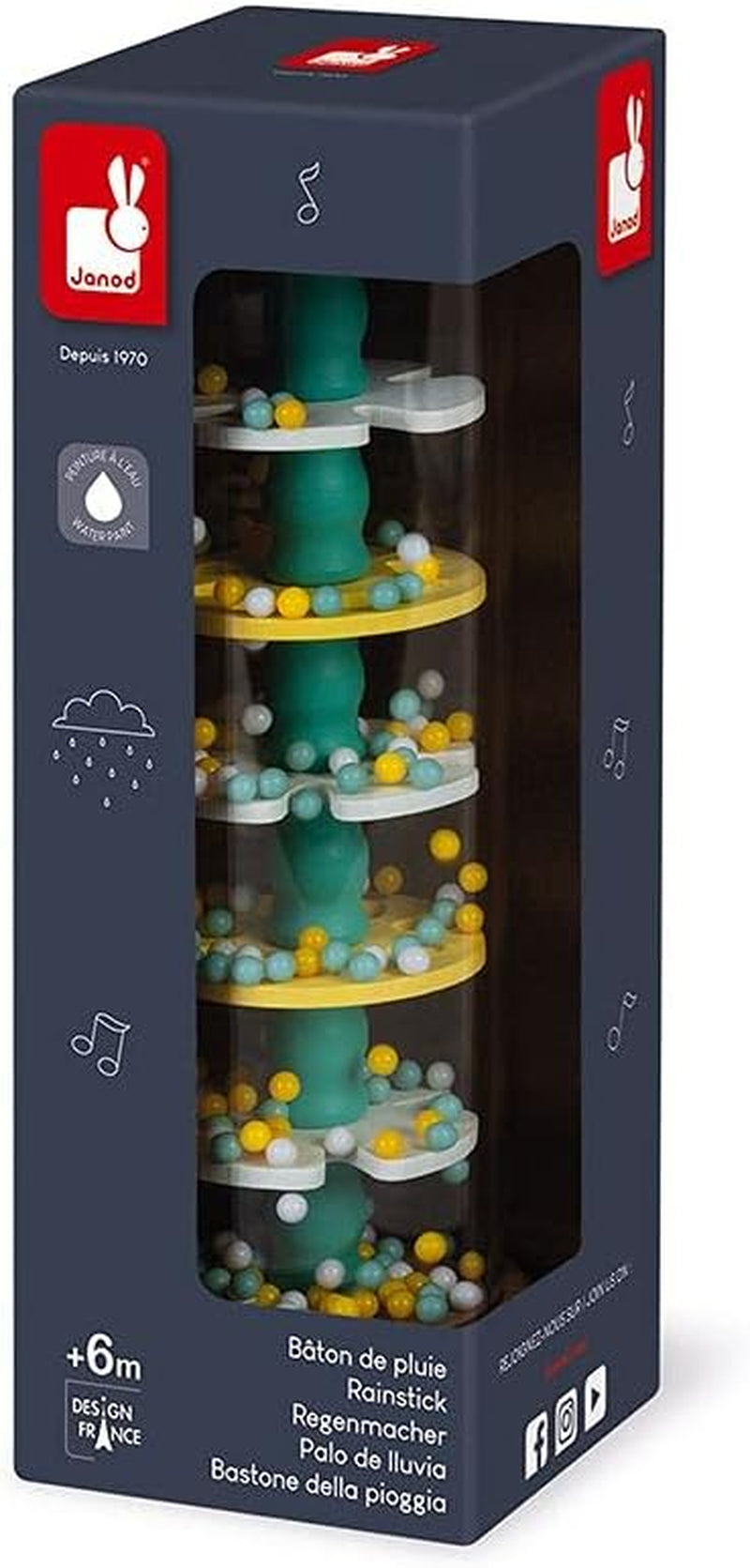 Janod - Wooden Rainmaker - Pure Collection - Leksak för spädbarn och småbarn - Utveckling av finmotorik Visuell och akustisk stimulering - Vattenbaserad färg - Från 6 månader, J05193 Baby Toys Naty Shop