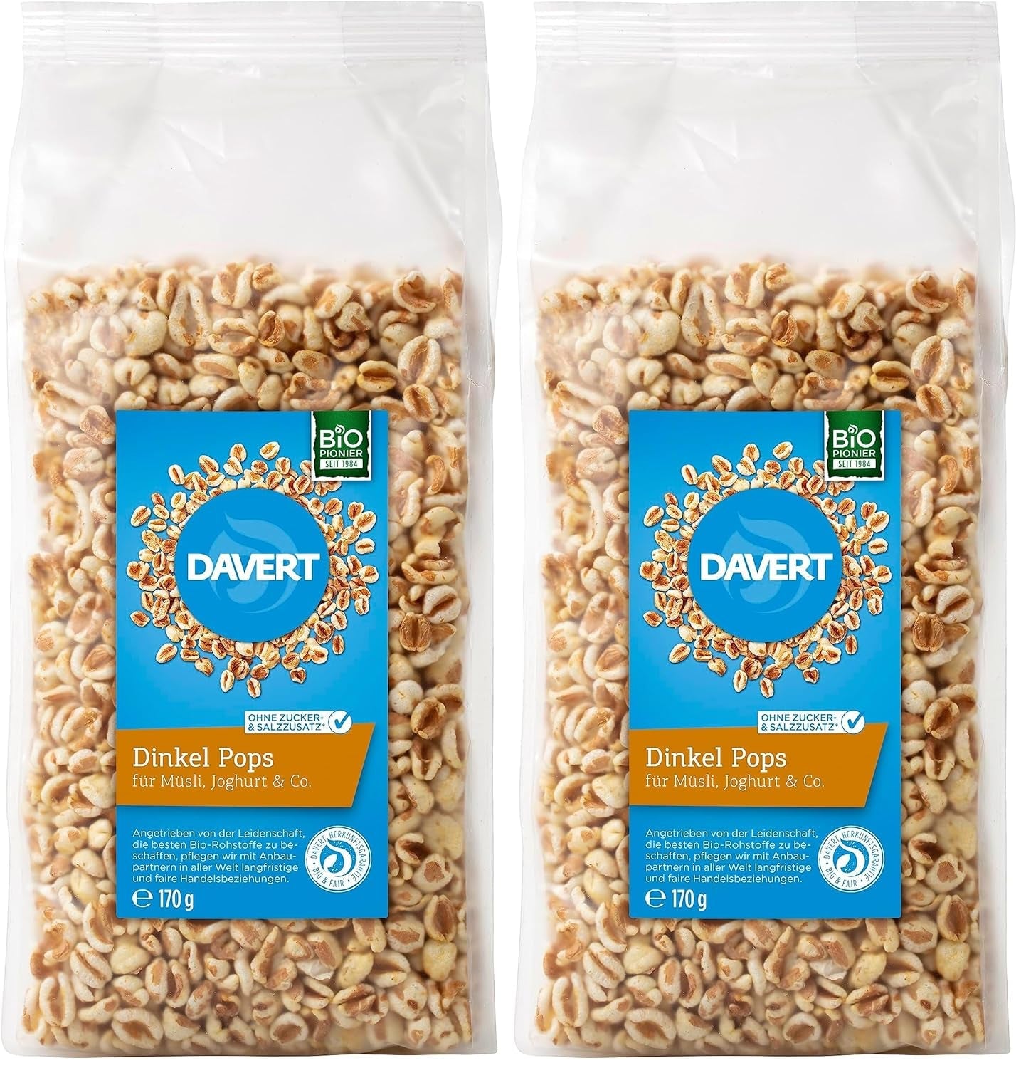 Davert Spelt Lollipops 170g – Smaksatta, luftiga och lätta expanderade dinkelbönor med delikat rostande smak – 100 % Davert Organic Quality (1 x 170g)
