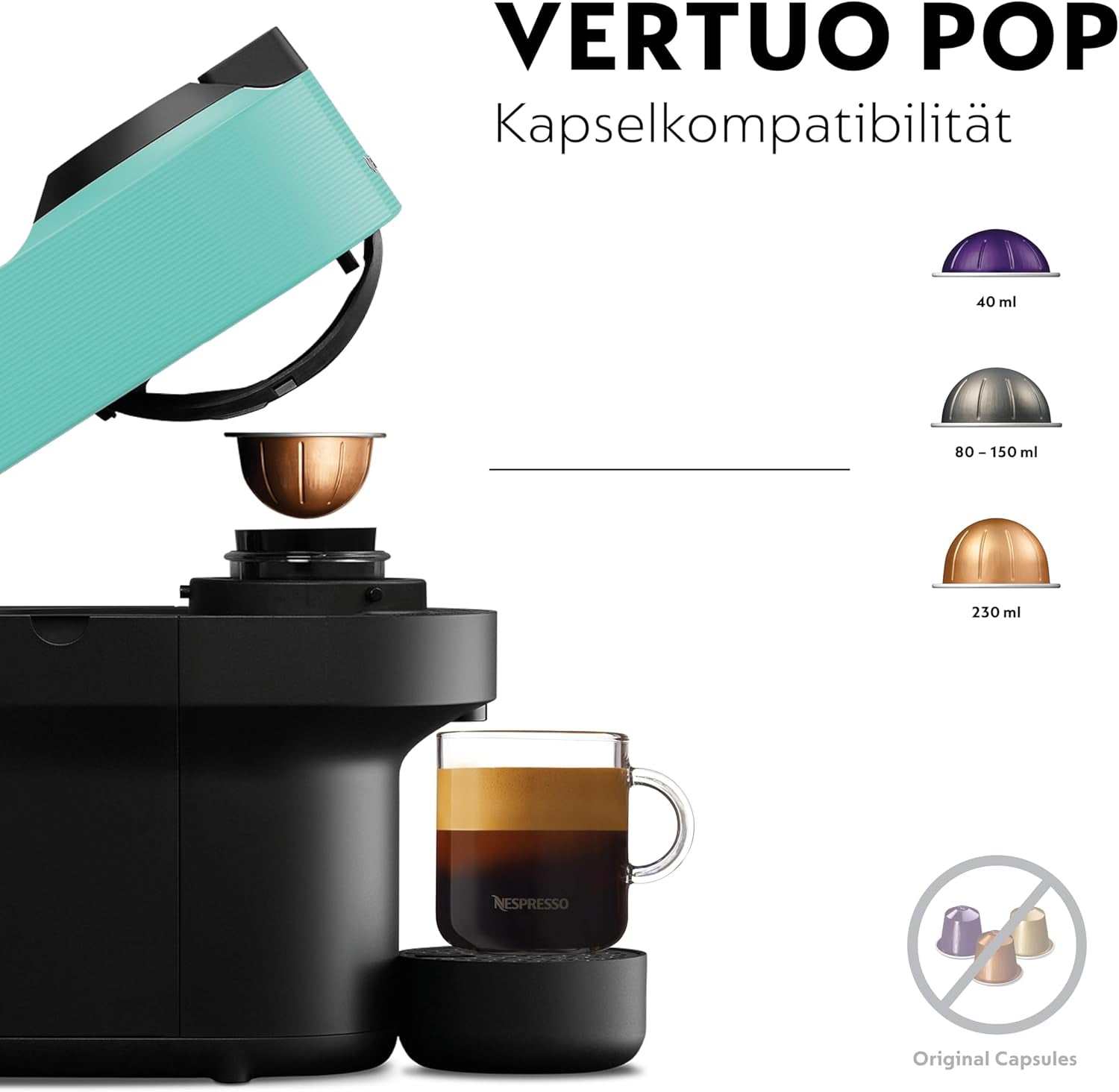 Espressomaskin med Nespresso Krups Vertuo Pop-kapslar, kapacitet: 560 ml, automatisk kapseligenkänning, one-touch-system, 4 koppstorlekar, förkortad uppvärmningstid, hållbar, Aqua Mint, XN9204