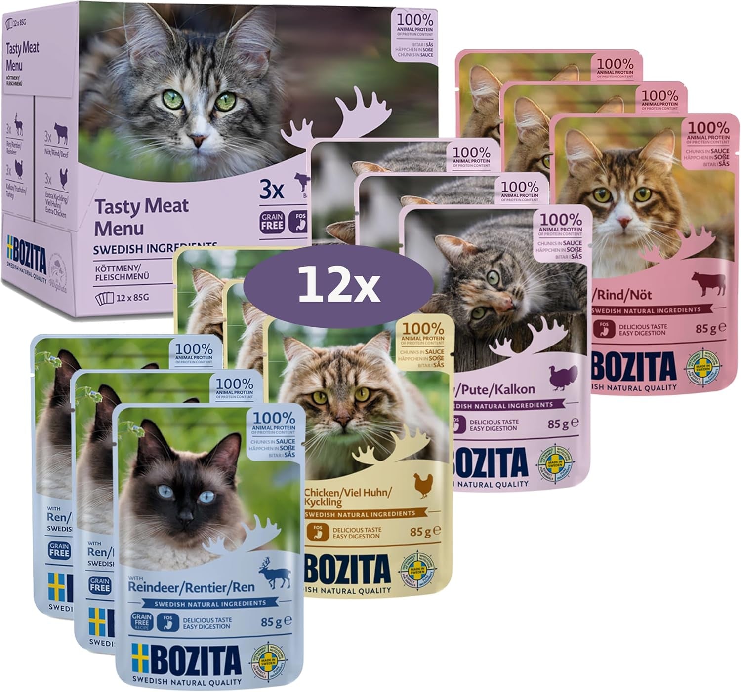 Bozita Våtfoderbitar för katter i köttsås - 12 påsar x 85g Våtfoder för katter utan spannmål och vete - Våtfoder för vuxna katter med 8,5% protein och 4,5% fett
