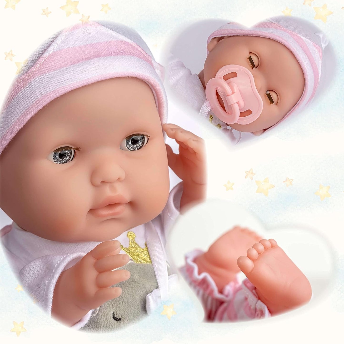 JC Toys - Berenguer Boutique 38 cm mjuk, verklighetstrogen docka med öppen/sluten mun, presentset i 10 delar, nappflaska, skallra, napp och tillbehör, rosa, 2+